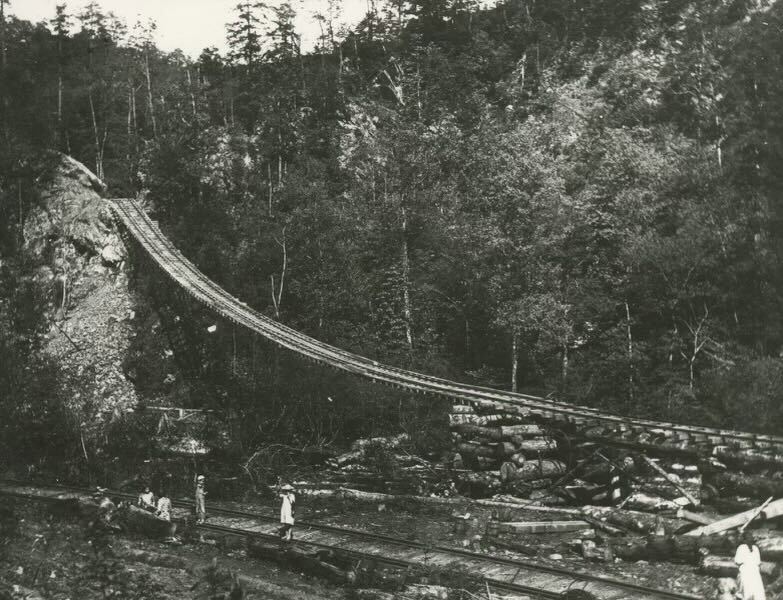 old photo from the Elkmont section of the Smokies where workers are logging